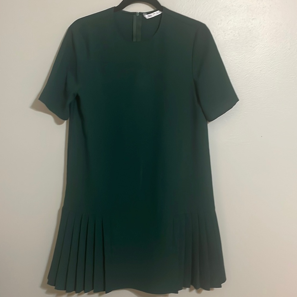 Zara Dark Green Pleated Hem Short Sleeve Dress